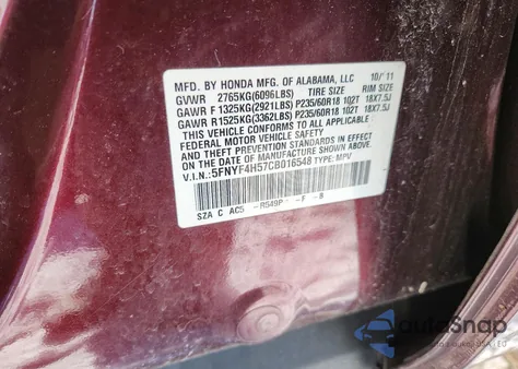 2012 Honda Pilot Exl z USA, uszkodzony, nr VIN 5FNYF4H57CB016548